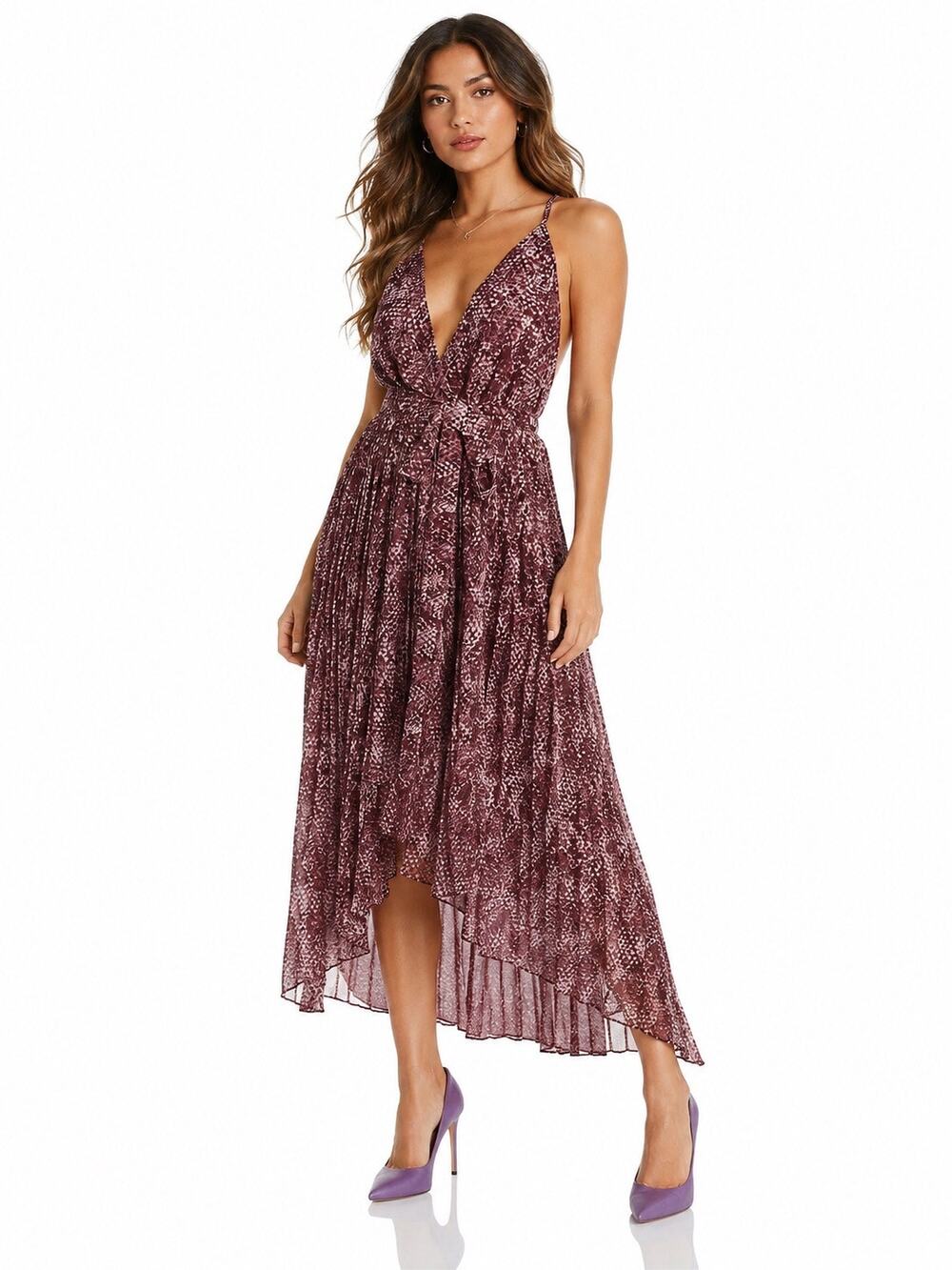 NWT Fame and Partners Pleated Printed Spaghetti Strap Evening Hi-Lo Dress Size 6